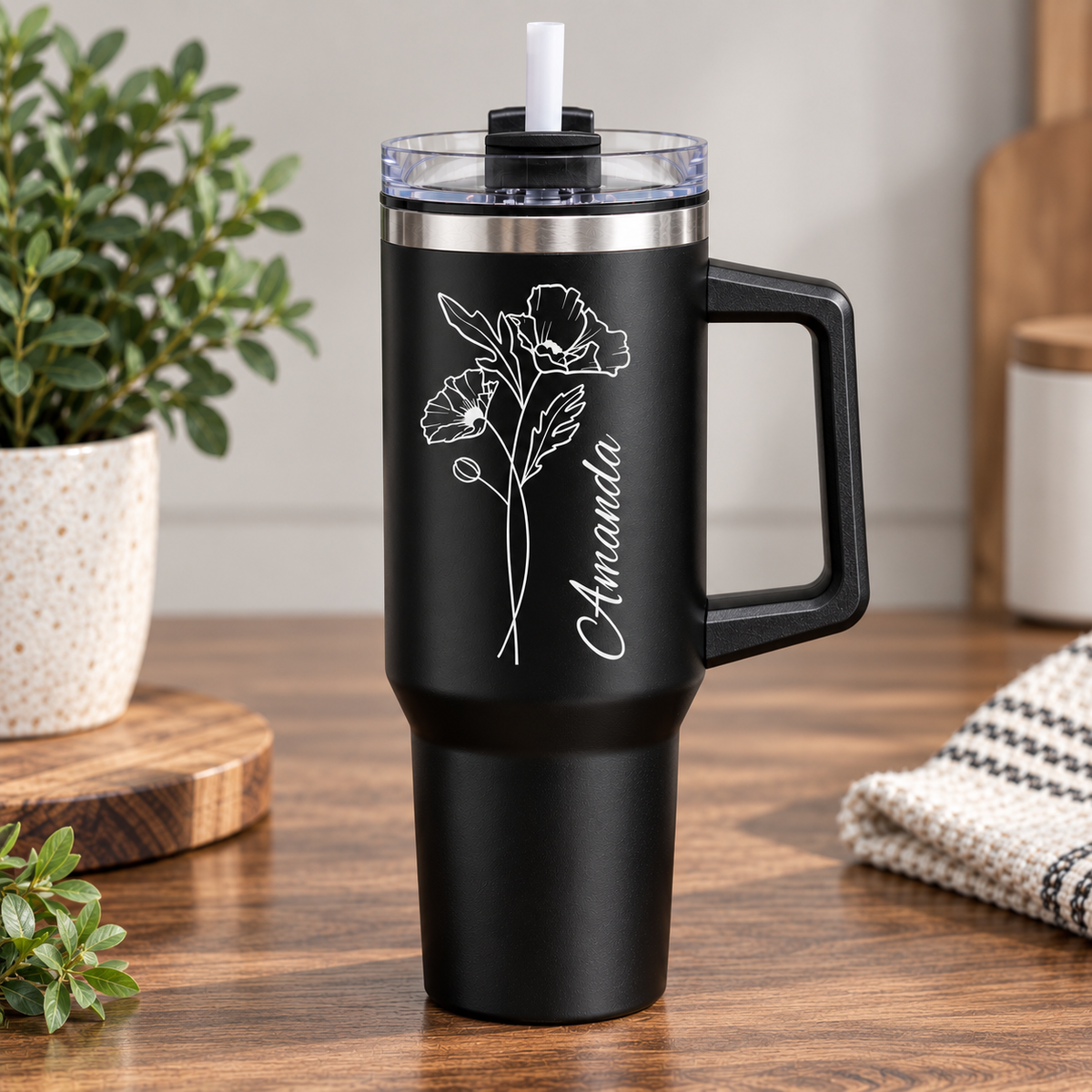 Personalized 40oz Travel Tumbler with Handle & Straw